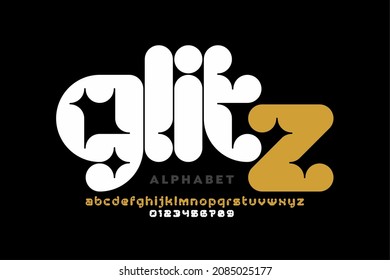 Modern stylized Glitz font, alphabet letters and numbers vector illustration