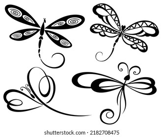 Modern stylized graphic black and white animalistic pattern. Openwork flat silhouettes of dragonflies. Trendy graphic illustration for stylish interior design or creative garment decoration.