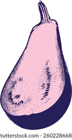 A modern, stylized half-eggplant, where deep purple fades into a glowing pink, emphasizing its fresh and organic nature. The outer skin is deep purple, gradually fading into a glowing pink interior. 