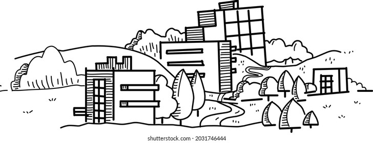 Modern stylized houses between trees. Hand drawn.