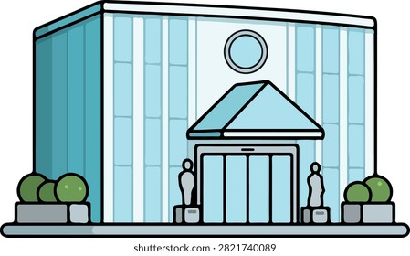 A modern, stylized illustration of a corporate building or bank with a prominent entrance, glass doors, and decorative elements, set against a white background.