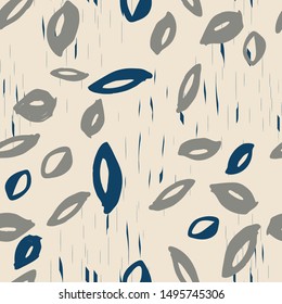 Modern stylized leaves seamless pattern, abstract for fashion, home decor, textiles and paper. Linocut look with textured background in neutral colors. Pretty muted look for any season.