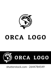 A modern, stylized logo of an orca whale in a circular frame, showcasing fluid lines and aquatic elegance in black and white	
