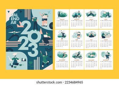 Modern and stylized monthly 2023 calendar with Goals and resolutions 2023 concept illustration