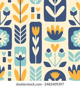 Modern stylized Nordic floral seamless pattern. Scandinavian folk background. Hand drawn doodle vector fabric swatch. Naive floral spring backdrop with flowers and leaves. Calm muted limited palette