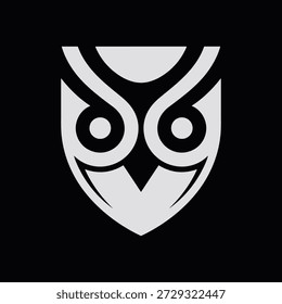 A modern stylized owl face logo featuring bold black and white design elements on a solid black background, creating a striking visual effect with clean lines and geometric shapes.