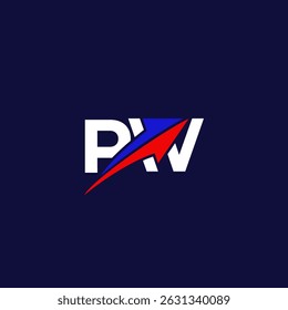 A modern stylized PW lettermark logo with an arrow design, featuring vibrant red and blue colors against a dark blue background. This contemporary design is ideal for branding, business, or corporate 