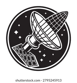 Modern stylized satellite dish illustration with antenna and starry space background design for technology graphics