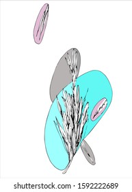 Modern stylized small leaves with liquid turquoise, gray, pink shapes. Minimalistic design for websites, story, poster, banner, illustration. Vector freehand drawing