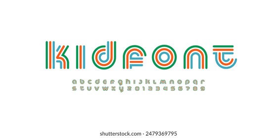 Modern stylized striped font, kids alphabet made linear style, graphic futuristic letters and numerals, vector illustration 10EPS