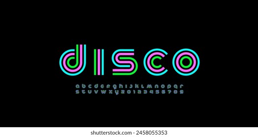 Modern stylized striped font, minimalistic trendy alphabet made disco style, graphic bright letters and numerals, vector illustration 10EPS