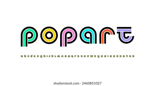 Modern stylized striped font, minimalistic alphabet made linear style, graphic futuristic pop art letters and numerals, vector illustration 10EPS
