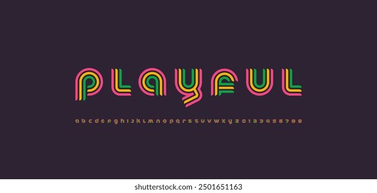 Modern stylized striped font, playful alphabet made linear style, graphic futuristic pop art letters and numerals, vector illustration 10EPS