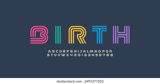 Modern stylized striped font, trendy alphabet made linear style, colored graphic futuristic uppercase letters and numerals, vector illustration 10EPS