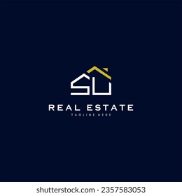 modern SU letter real estate logo in linear style with simple roof building in blue