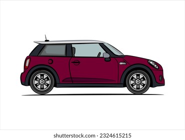 Modern subcompact city car, abstract red silhouette on white background. Side view of a mini car. Flat vector car for web, mobile app, web page, promo.