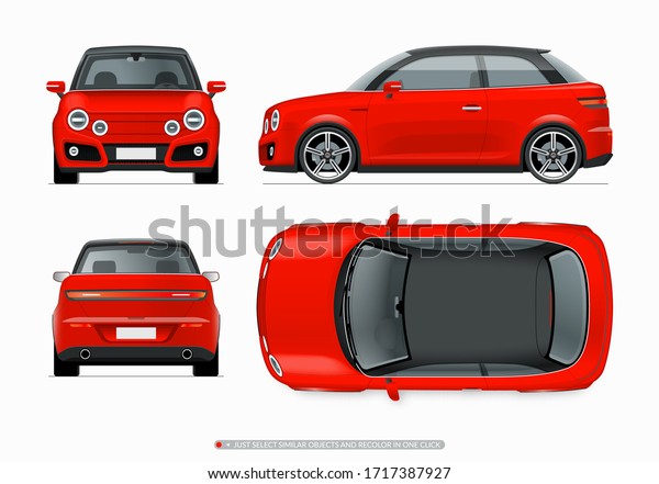 Modern subcompact city car mockup.\
Side, top, front and rear view of realistic small noname car\
isolated on white background. Easy to recolor in one\
click