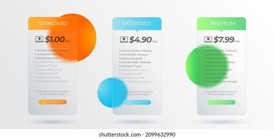 Modern subscription plan table template. Web hosting pricing plans for websites and applications. Glass frame with trendy morphism effect. Transparent blurred glass plate.