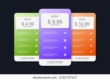 Modern Subscription Pricing Plans Comparison Table with Three Tiers