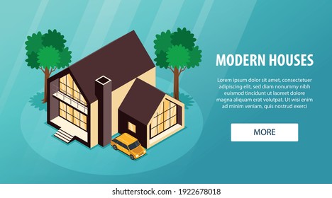 Modern suburb area houses isometric landing page with contemporary family cottage trees car background banner vector illustration 