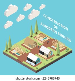 Modern suburb construction isometric concept with modular frame building vector illustration