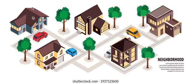 Modern suburb neighborhood cottages houses private space car accommodation walking paths trees isometric infographic flowchart vector illustration