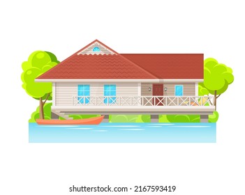 Modern suburban apartment by the water with parked boat. Vector stilt house, wooden cottage, bungalow or cabin at river or lake, isolated home with wood pier and terrace on piles, over water property