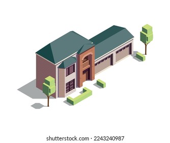 Modern suburban brick house with garage 3d isometric vector illustration