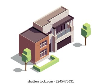 Modern suburban brick residential building 3d isometric vector illustration