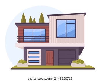 Modern suburban house. Contemporary residential building, urban real estate architecture, country house flat vector illustration. Hand drawn cottage
