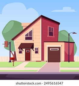 Modern suburban house with a garage and basketball hoop. Vector illustration of a cozy home with a red mailbox, front yard, and street lamp. Ideal for residential or neighborhood design themes.