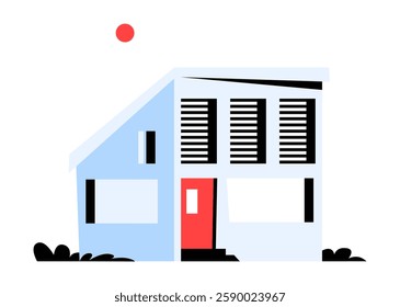 Modern Suburban House With Sloped Roof And Large Windows In Flat Vector Illustration Symbolizing Residential Living, Architecture, And Real Estate, Isolated On White Background