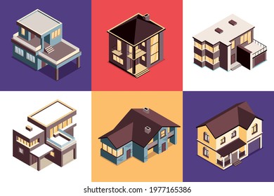 Modern suburban houses 6 colorful background isometric images with family cottages exterior staircases decks garages vector illustration