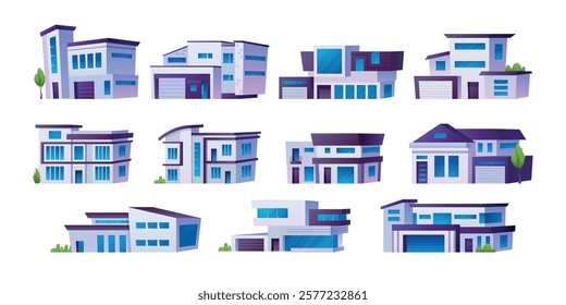 Modern suburban houses. Cartoon contemporary american european suburb house set, residential villa family home cottage townhouse housing facade exterior, swanky vector illustration original artwork