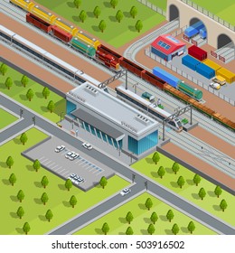 Modern suburban railway station with passing passenger trains goods depot and freight transport isometric poster vector illustration 