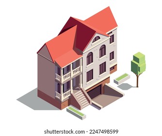 Modern suburban residential building with garage and green trees 3d isometric vector illustration