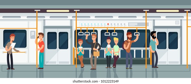 Modern subway passenger carriage interior with people vector illustration. Interior of train with passenger transportation