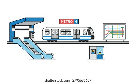 Modern subway station illustration featuring a train at the platform, escalator, metro map, and a staff booth for urban transport.