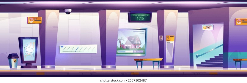 Modern subway station platform interior with digital screens displaying route map, arrival time, advertisement displays. Empty metro hall with wooden benches, security camera, stairs and columns.