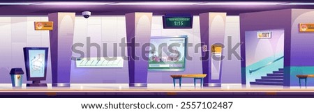 Modern subway station platform interior with digital screens displaying route map, arrival time, advertisement displays. Empty metro hall with wooden benches, security camera, stairs and columns.