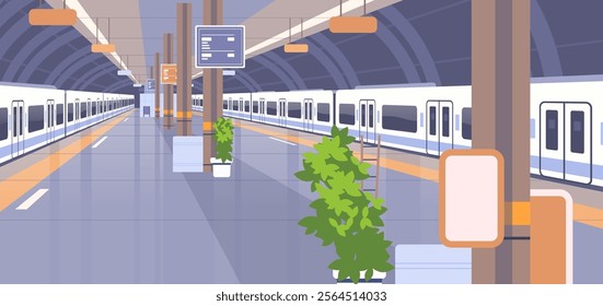 Modern subway train station no people. Metro platform perspective view vector illustration