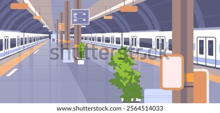 Modern subway train station no people. Metro platform perspective view vector illustration