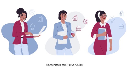 Modern successful businesswoman  banner design collection. Finance and business employee background. Busy female character worker flat cartoon illustration set. 