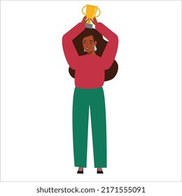 Modern Successful young dark skin businesswoman with winning cups. Confident, Successful black girl in casual clothes full-body view. Flat vector illustration. Self acceptance and confidence concept.