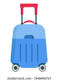 Modern suitcase with wheels. Travel accessory in cartoon style.