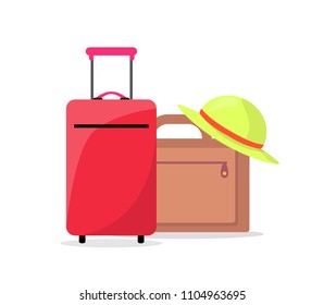 Modern suitcases and summer hat ready to travel. Baggage prepared for departure. Vacation abroad accessories isolated cartoon vector illustration.