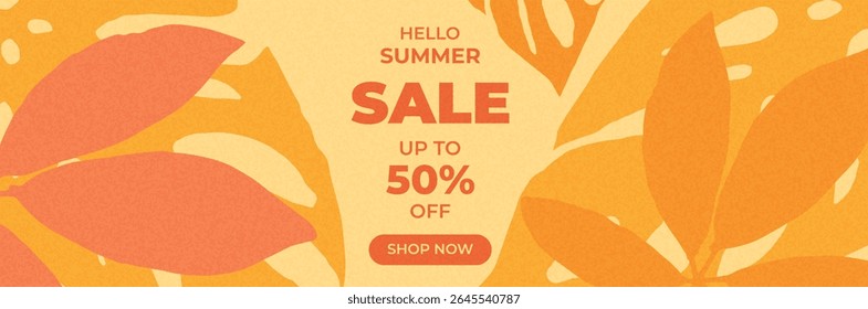 Modern summer advertisement banner with tropical leaves and summer Sale text. Ideal for seasonal sales, web promotions, and stylish summer marketing visuals