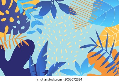 Modern summer backdrop. Bright images for printing on fabric. Abstract summer picture, graphic elemenets for website, sea life, algae. Cartoon flat vector illustration isolated on blue background