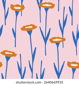Modern summer background with abstract florals. Cute whimsical vector seamless pattern with flowers for textile, wrapping paper. Lovely flat illustration with trendy blooming flowers
