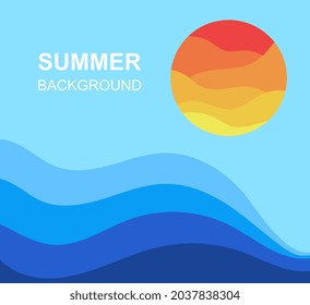 Moderner Sommerhintergrund. Abstrakte Ozeanwellen, klarer Himmel und Farbverlauf-Sonne. Vorlage für soziale Netzwerke, Websites und Texteinfügungen. Cartoon-FlachVektorgrafik einzeln auf blauem Hintergrund